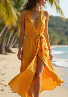 A wrap sundress in warm orange linen