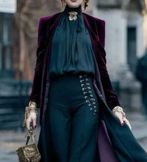 An ensemble of purple velvet and dark blue silks