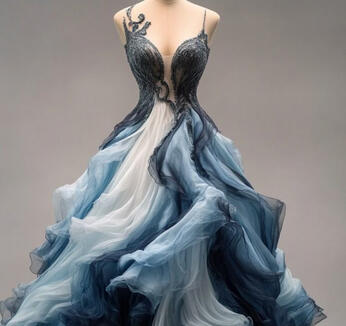 A ballgown of layered blue tulle